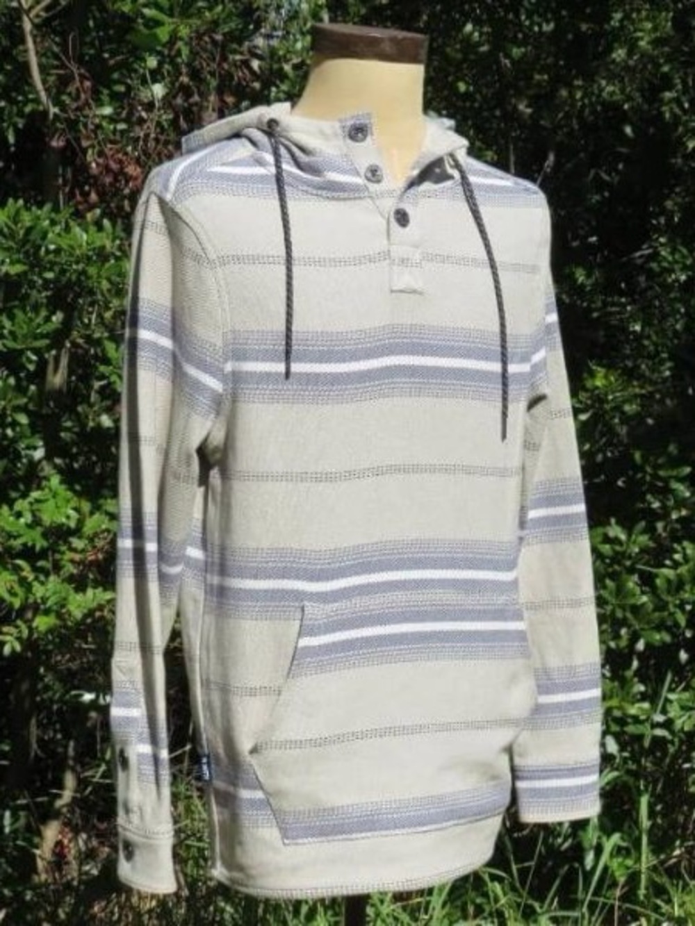 Jetty Henley Hoodie Sweatshirt XXL Sage Green Gray Striped Cotton Twill Pocket